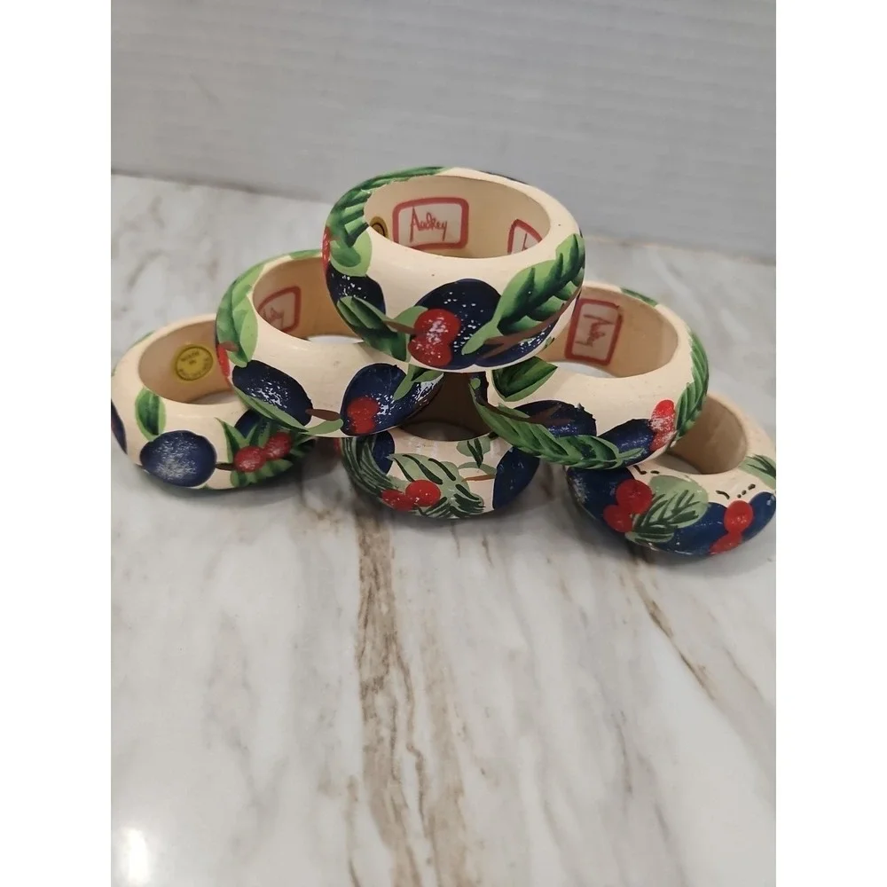Audrey Brand Wooden Handpainted Napkin Rings Made Philippines Cherry Blueberries